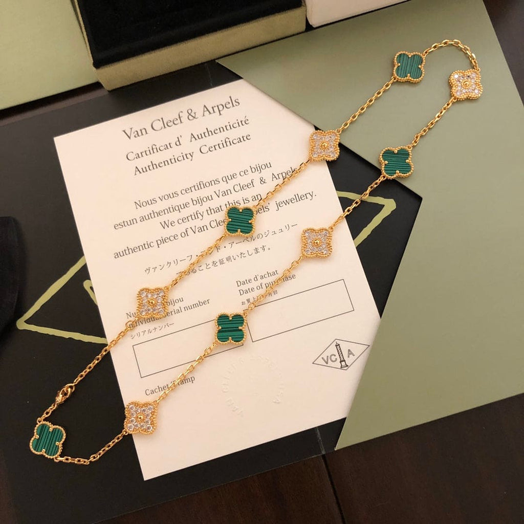 18K Vintage Alhambra Malachite Diamonds 10 Motifs Necklace