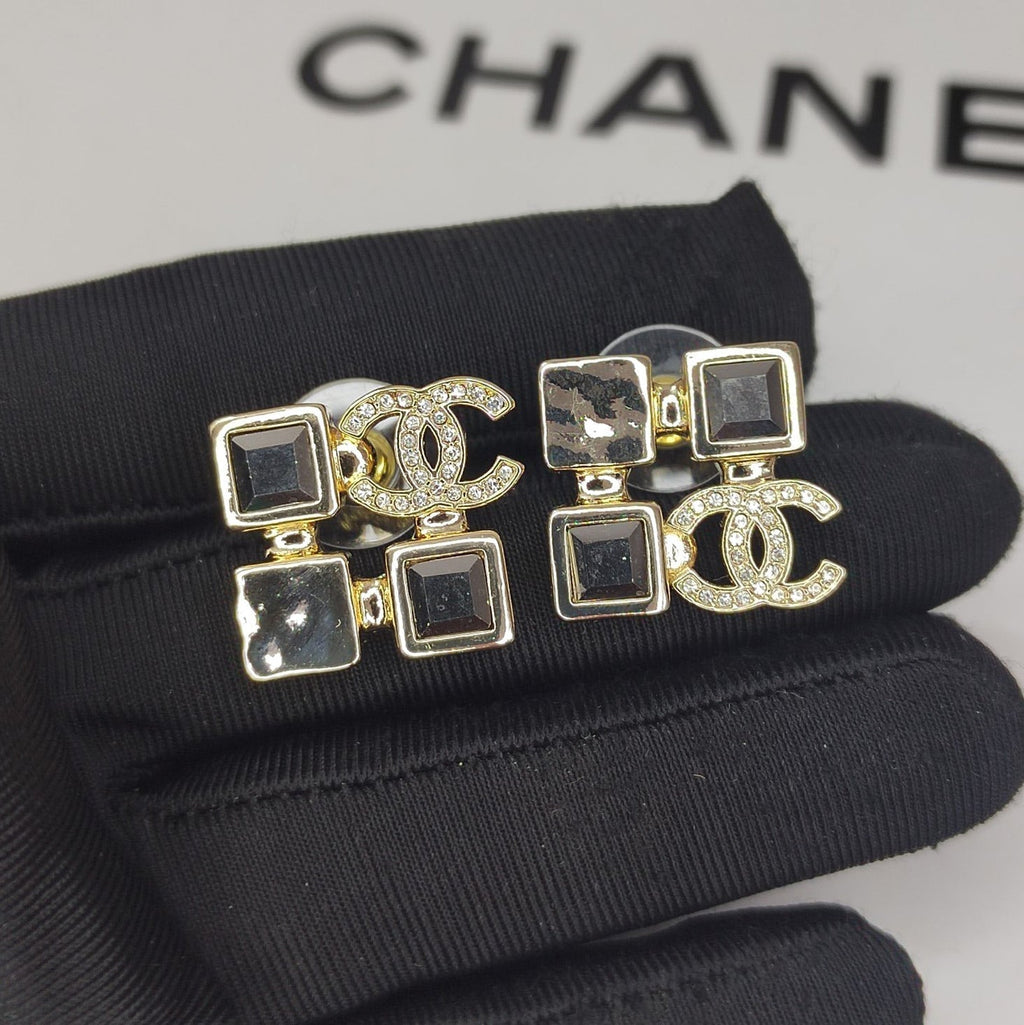 18K CC Black Crystals Earrings