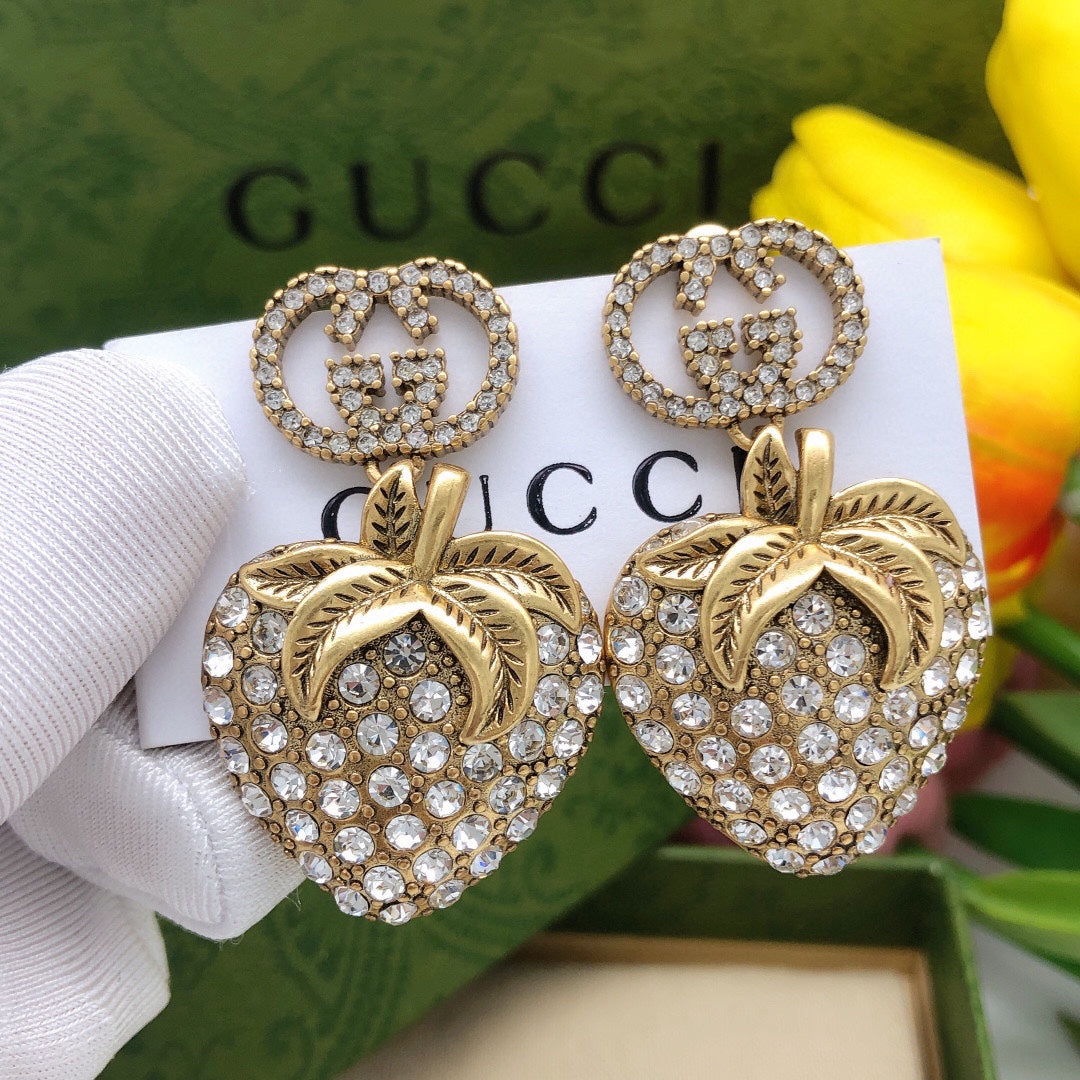 18K Double G Crystal Strawberry Pendant Earrings
