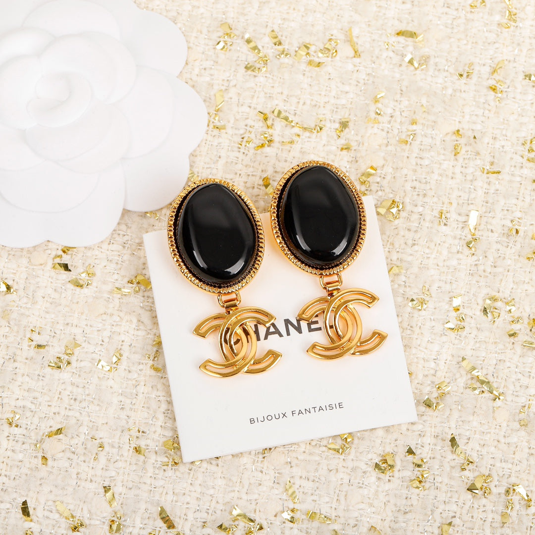 18K CC Black Crystal Pendant Earrings