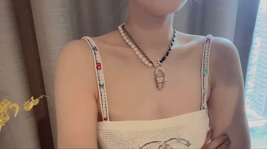 18K CC Pearl Leather Bag Pendant Necklace